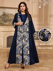 Al Najma Abaya de style arabe élégante à imprimé floral et manches longues pour femmes grandes tailles
