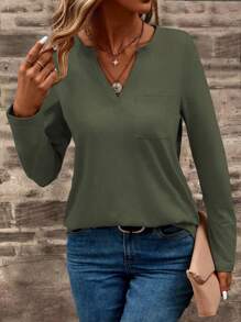 EMERY ROSE Women's Solid Color V-Neck Long Sleeve Pocket Casual T-Shirt Fall Cloth For Women - Green - View 6