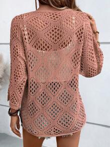 Chiquease Women Solid V-Neck Batwing Sleeve Hollow Loose Casual Sweater Knit Pullover Fall Winter - Coral Orange - View 2