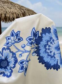 SHEIN Maternity Boho Tropical Plant Print Lantern Sleeve Short Mini Dress, Vacation Casual Summer Beach Dress - Blue and White - View 4