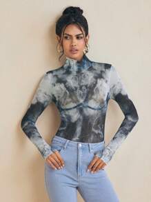 LUSINE BONFIELD 设计师黑白透明印花网眼长拇指袖高领女式休闲上衣 - 黑與白 - 查看 1