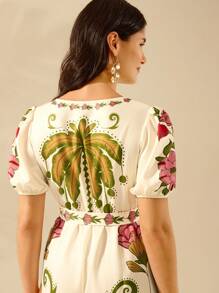 CAJUNI 女式波西米亚风格热带树叶和花卉印花深 V 领泡泡袖系腰阔腿连体裤，休闲米色连体裤 - 彩色 - 查看 8