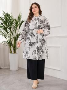 Lacomfia 2pcs Plus Size Casual Set - Stand Collar Retro Floral Print Pleated Loose Top