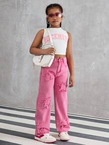 1pc Tween Girls Star Embroidered Straight Leg Jeans, Does Not Include Accessories