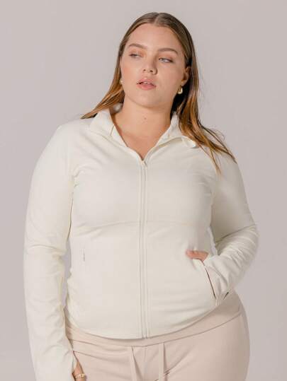 Aralina Women Plus Size Solid Color Front Zip Long Sleeve Sports T-Shirt