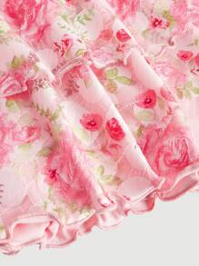 SHEIN MOD 低腰侧抽绳花卉印花双荷叶边下摆半身裙 - 粉色 - 查看 5