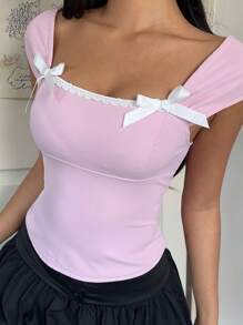 SHEIN EZwear Áo cánh trang trí nơ ren thanh lịch cho nữ - Hồng - Xem 4