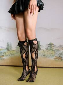 ROMWE J-Fashion 1 par de calcetines con cordón y recortes de encaje hasta el tobillo, calcetines altos hasta la rodilla con tejido intrincado de estilo colegial, calcetines elásticos de unicolor y estilo universitario para mujeres