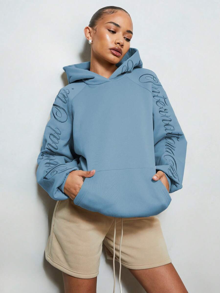 SUMWON WOMEN 舒适的插肩袖连帽衫，配有袋鼠口袋，休闲运动休闲运动衫，抽绳兜帽，非常适合秋冬家居服 - 藍色 - 查看 1