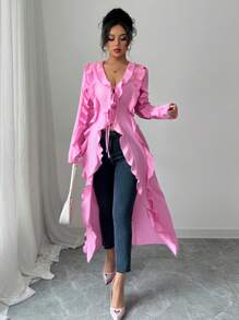 Elenzga Blusa de manga larga con volantes y lazo decorativo, de unicolor, elegante y de moda para oficina, casual, citas y vacaciones