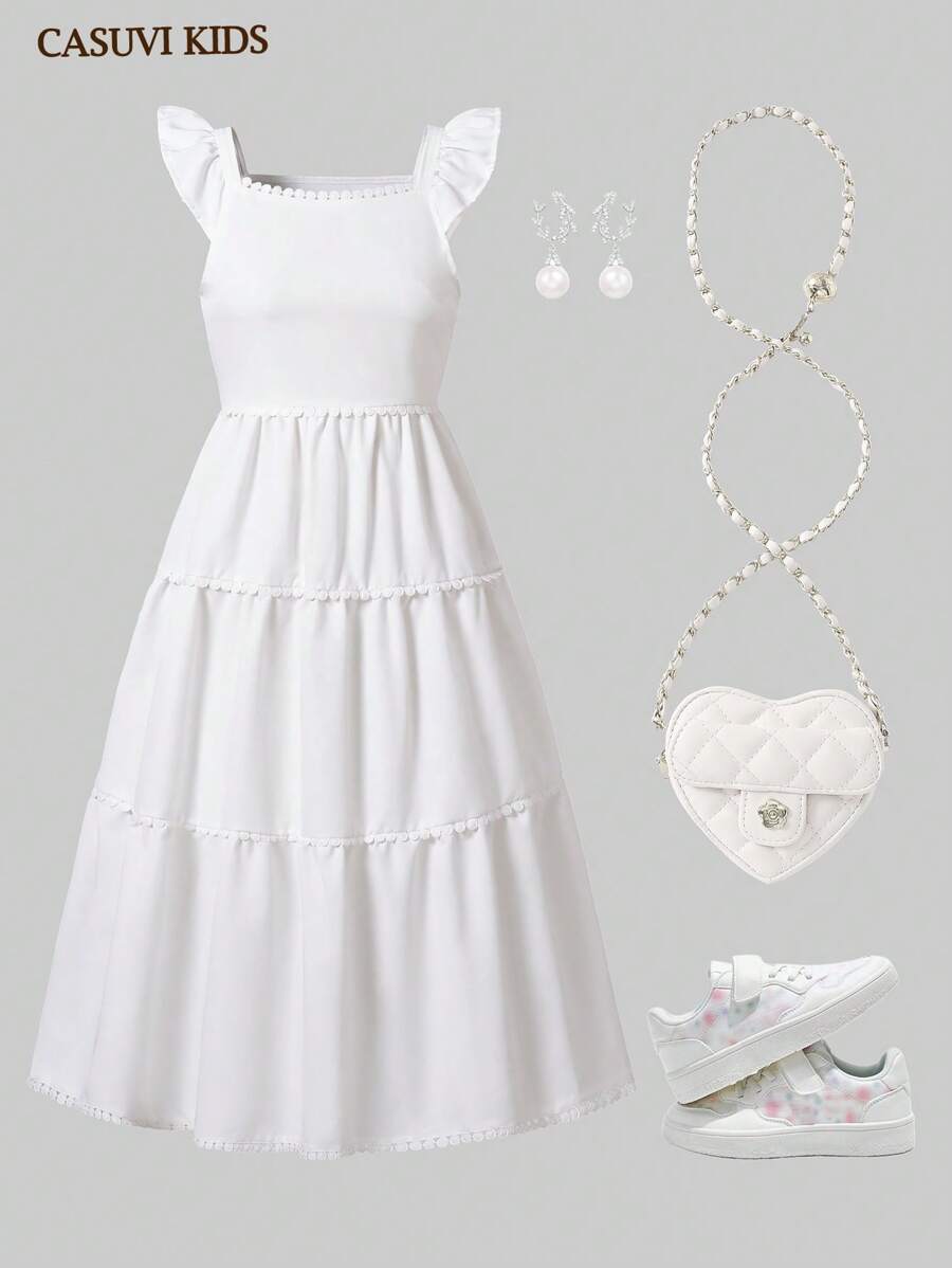 SHEIN 年轻女孩和青少年波尔卡圆点荷叶边吊带连衣裙，休闲时尚，适合学校、日常穿着和休闲活动 - 白色 - 查看 1