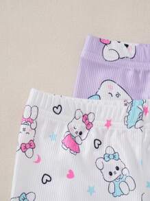 4pcs/Set Young Girl Cute Cartoon Hello Rabbit Print Short Sleeve Top And Tight Pants Home Outfit - Multicolor - View 3