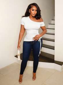 BamGleam BamGlam Women's Casual Solid Color Exaggerated Asymmetric Neck Drawstring Neck T-Shirt - White - View 5