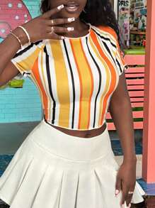 BamGleam BamGlam Fashionable Multi-Color Stripe Print Round Neck Short Sleeve T-Shirt For Women