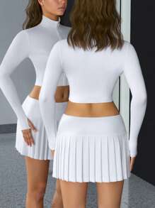 SHEIN ICON 白色女士服装纯色 Y2k 外出开衫上衣和褶腰不对称裙子套装，日常穿着，运动风格 - 白色 - 查看 9