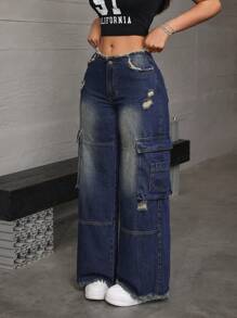 SHEIN ICON Women's Casual Washed Distressed Wide Leg Cargo Jeans - Navy Blue - View 1