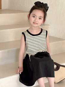 Dazy Kids 年轻女孩条纹无袖休闲简约时尚日常连衣裙，女孩夏季服装 - 黑與白 - 查看 7