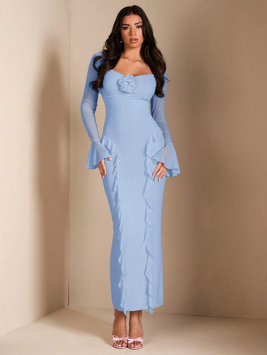 SHEIN BAE Váy xòe thanh lịch có trang trí hoa 3D, Hàng ngày, Hẹn hò, Tụ tập, Trang phục dự tiệc cho phụ nữ, Mùa thu - Màu xanh nhạt - Xem 1