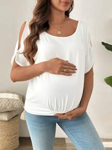 SHEIN Maternity Solid Color Round Neck Casual Loose Open Shoulder T-Shirt