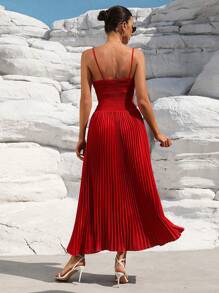 SHEIN Unity Ladies Satin Fabric Ruched Splicing Cinched Waist Elegant A-Line Long Dress With Spaghetti Straps And Tie Closure - Red - View 2