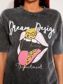 SHEIN SXY Summer;Oversized Vintage Distressed Snow Washed Short Sleeve T-Shirt, Loose Fit Pullover Tee With Leopard Lip Print, Versatile Casual/Sport/Party Wear For Spring & Autumn - Black - View 7