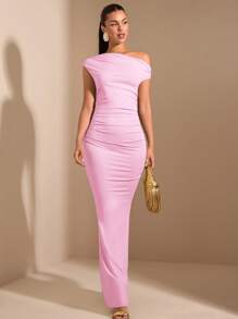 SHEIN BAE Elegant Woman Oblique Asymmetric Hem Dress, Going Out Outfits, Suitable For Daily Wear, Dating, Travel, Party & Club, Halloween Outfits  Women's Solid  Sexy   Sleeveless Dress,Pastel Dresses For Women - Baby Pink - View 3