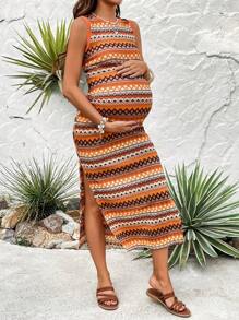 SHEIN Maternity Casual Color Block Striped Sleeveless Slit Bodycon Dress For Summer Vacation - Multicolor - View 4
