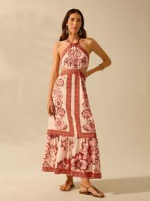 CAJUNI Vestido largo de verano casual con estampado floral tropical bohemio, escote halter, espalda abierta con cordón en la cintura, ideal para playa y vacaciones