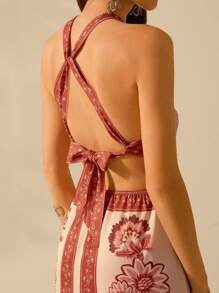 CAJUNI Vestido largo de verano casual con estampado floral tropical bohemio, escote halter, espalda abierta con cordón en la cintura, ideal para playa y vacaciones