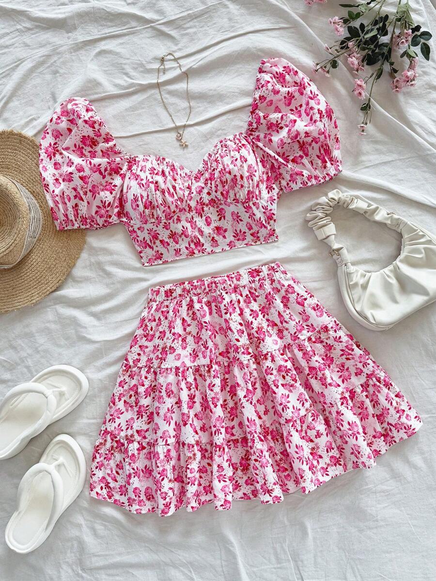 Soleia 女式复古粉色碎花泡泡袖短款上衣和迷你裙 2 件套度假休闲夏季服装，返校可爱午餐裙 - 粉色 - 查看 1