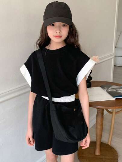 Dazy Kids 2 件套青少年女孩拼色蝙蝠袖上衣和短裤套装，女孩夏季服装，返校服装