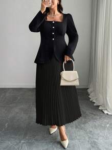 Elenzga 2pcs/Set Women Plus Size Single-Breasted Square Collar Long Sleeve Top And Pleated Midi Skirt