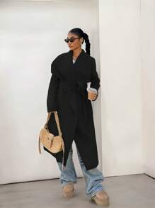 Hanevo 女式宽翻领腰带长款大衣，浅灰色