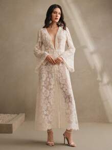 Anewsta 女式深 V 领喇叭袖蕾丝拼布佩斯利印花透明和服，适合春夏、海滩等地优雅度假出游