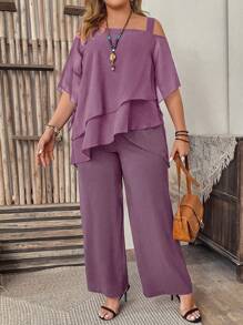 SHEIN Clasi 2 件大码度假休闲纯色不对称上衣和裤子套装 - 紫羅蘭色 - 查看 1