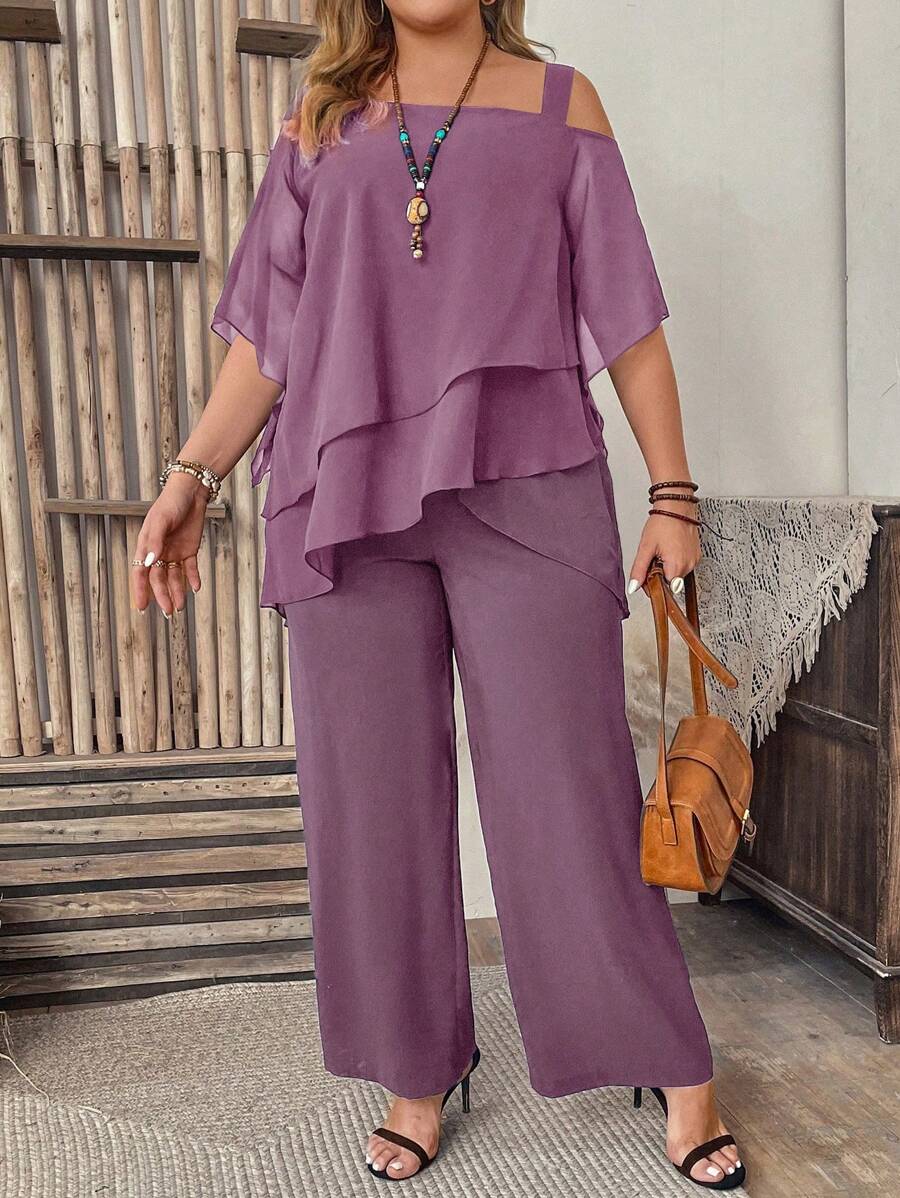 SHEIN Clasi 2 件大码度假休闲纯色不对称上衣和裤子套装 - 紫羅蘭色 - 查看 1