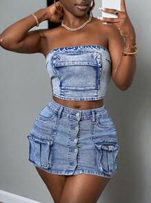 Slaydiva 2025 夏季新款音乐节毕业生日派对学生日常休闲度假邮轮沙滩装日光浴病毒式街头装朋克牛仔风格无袖露背开口拉链工装口袋蓝色牛仔女衬衫