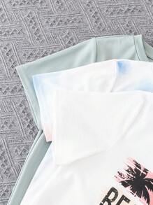 SHEIN 6 pièces/set Garçon préadolescent Décontracté Ample Ensemble de t-shirt à col rond à manches courtes et short avec motif de teinture à la cuve et imprimé de palmier. Convient pour le trajet, l'école, le casual quotidien, le sport, le printemps/été, les vacances - Multicolore - Voir 5