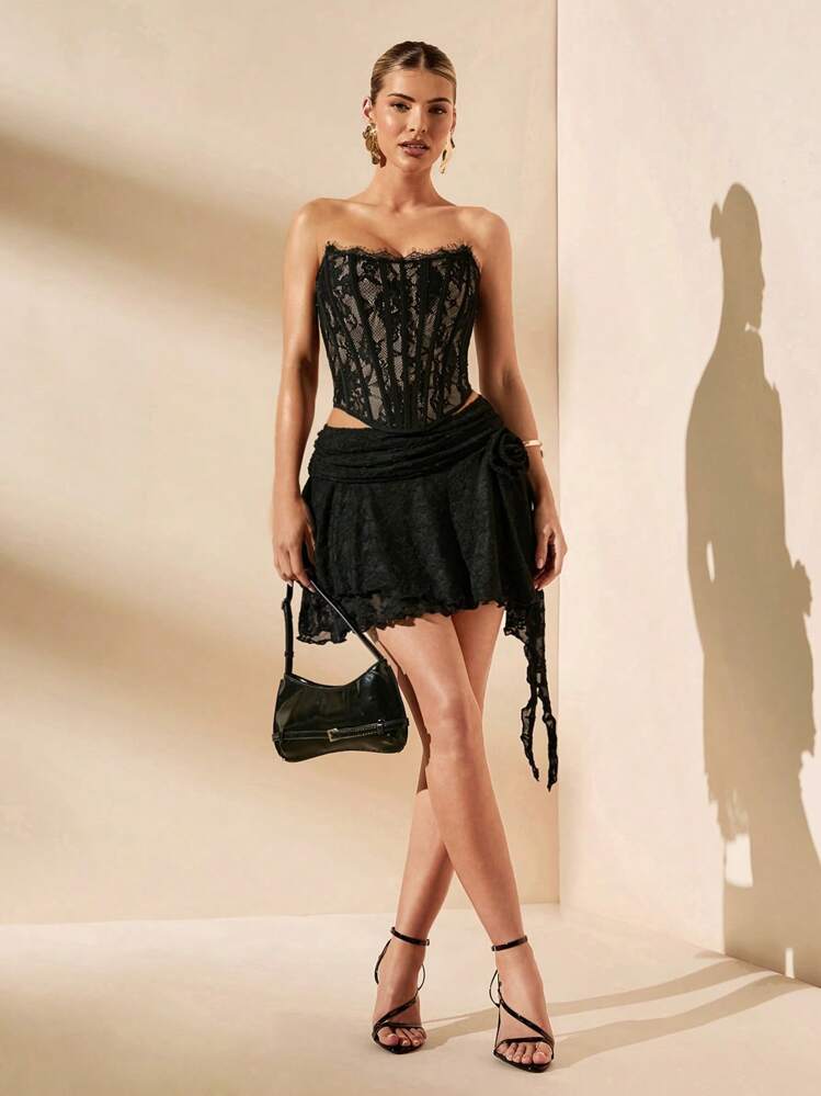 SHEIN BAE Top Brassière de Cor Sólida para Praia de Verão, Top de Renda, Adequado para Encontros Diários, Saídas Noturnas, Boates, Festas, Reuniões Sociais, Festas de Coquetel, Festas na Piscina, Roupas de Volta às Aulas, Roupas para Temporada Escolar, Roupas de Férias, Roupas de Escritório, Roupas de Transporte, Top Espartilho - Preto - Visão 5