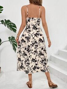SHEIN Frenchy 女士花卉印花细肩带开衩中长连衣裙，休闲度假装