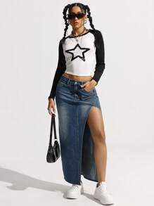 SHEIN EZwear Jupe en jean décontractée pour femmes, minimaliste et pour une utilisation quotidienne - Bleu azur - Voir 3
