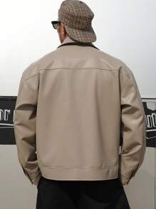 DAZY Men's Solid Khaki Leather Jacket, Autumn - Khaki - View 2