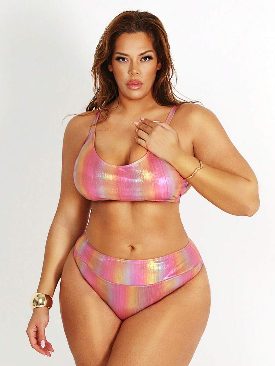 SHEIN Swim SXY Plus Size Feminino Ombre Color Casual Tankini Conjunto de maiô - Multicolorido - Ver 1