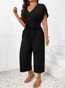 SHEIN CURVE+ Plus Size V-Neck Sleeveless Jumpsuit, Waist Cinched Tie, Pockets, Casual Summer Holiday Wearsummer/Country/Beach Vacation Outfits/Beach Outfits/Beach Wear - Black - View 4