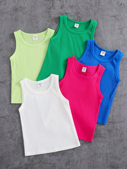 Set de 5 piezas Camisetas sin mangas de punto de cuello redondo ajustadas de unicolor para niñas jóvenes