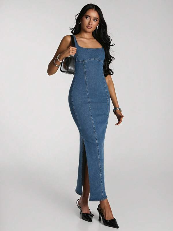 SHEIN BAE Vestido vaquero de mujer sin mangas con cuello cuadrado, abertura lateral en el bajo y ajustado