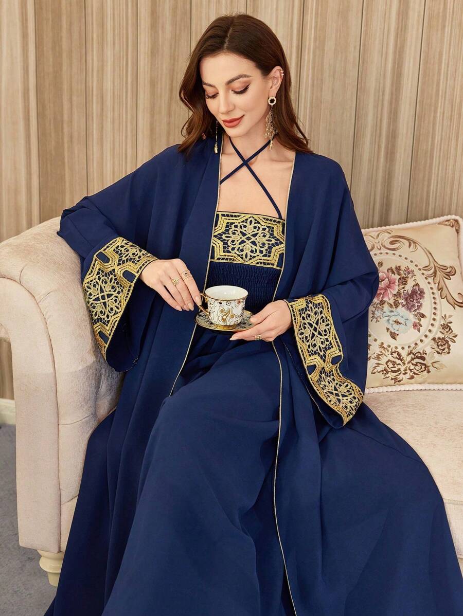 Al Najma Women Long Sleeve Minimalist Jacket & Dress 2 Pieces Set, Elegant - Navy Blue - View 1