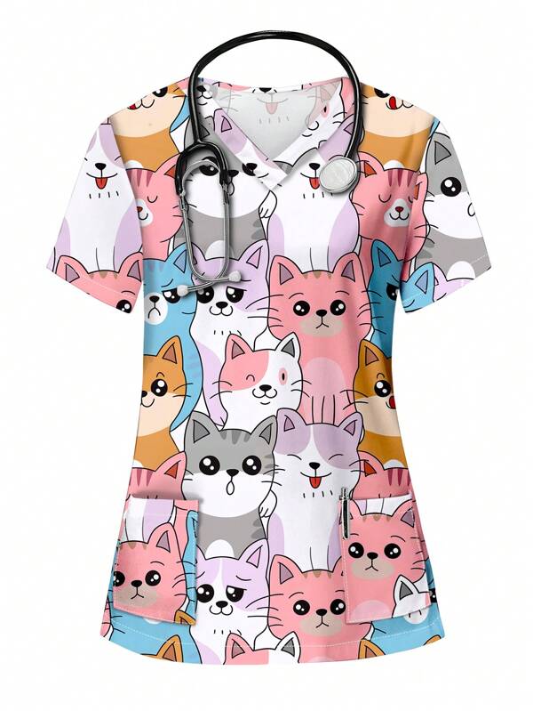 PopScrub Cute Cartoon Lucky Cat Imprimă florală cu decolteu în V, cu mânecă scurtă, cu buzunare, pentru uniformă de scrub pentru asistentă, set de top pentru scrub Set de exfoliant Rochii pentru asistentă Topuri pentru scrub Pantaloni pentru scrub haine de laborator Îmbrăcăminte pentru exfoliant Top pentru scrub cu decolteu în V, ocazional cu mânecă scurtă, îmbrăcăminte de lucru pentru femei, cu decolteu în V, bluză cu volan, bluză cu volan 2 buzunare, tricou grafic moale, elastic, cu volan
