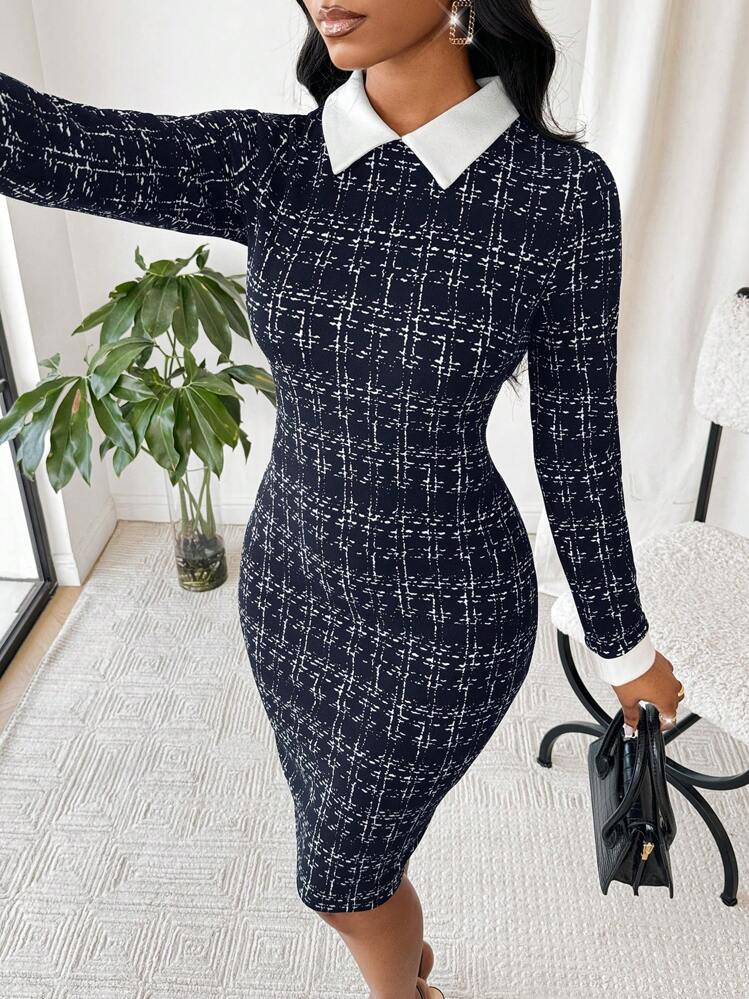 office wear ladies dresses SHEIN Lady Spring And Summer Dress Church Casual Elegant Work Bodycon Dress Shirt Collar Tweed Women Dresses sc_Maxi_3