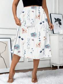 SHEIN LUNE 大码女式花卉印花高腰优雅半身裙情人节 - 白色 - 查看 7